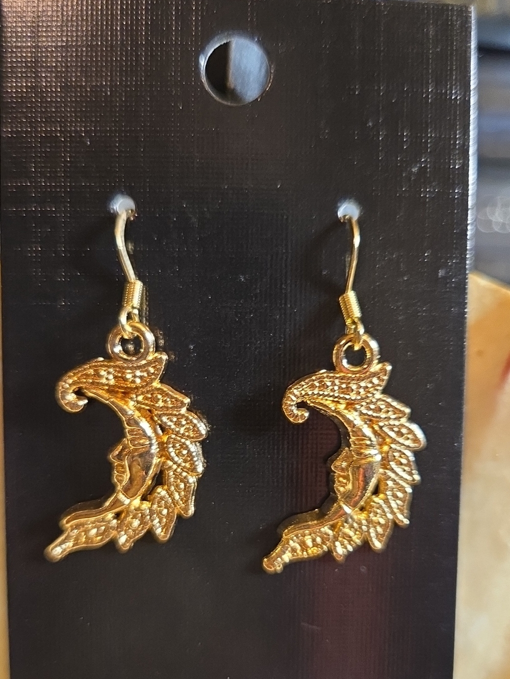 Gold Tone Crescent Moon Dangle Earrings